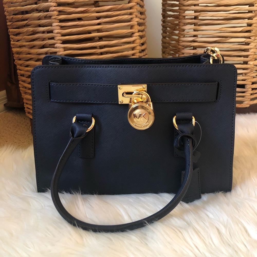 New Authentic Michael Kors Navy Hamilton EW Leather Satchel/Handbag